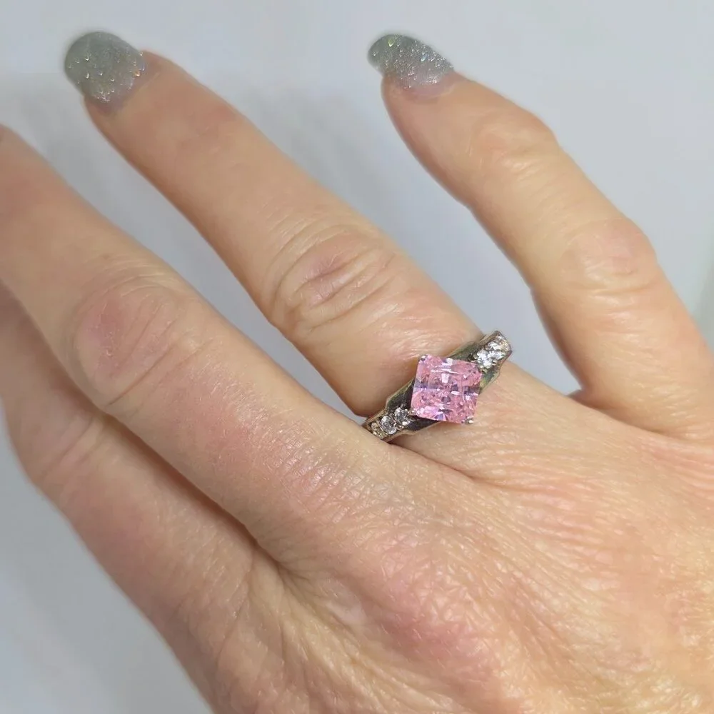 Vintage Sterling Silver Ring with Princess Cut Pink Solitaire Cubic Zirconia